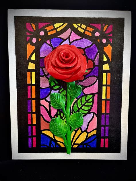 Stained Glass Acrylic Painting With 3d Polymer Clay Rose Etsy