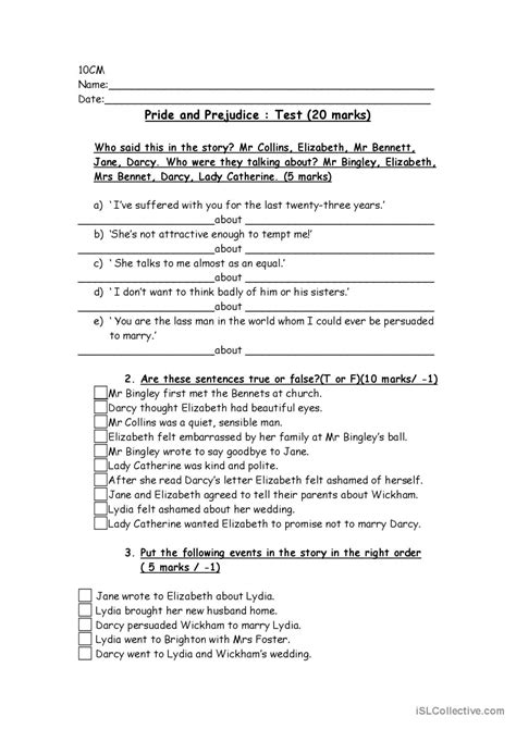 Pride And Prejudice English Esl Worksheets Pdf Doc