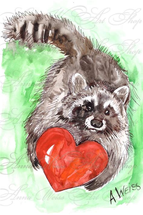 Raccoon Valentines Day Greeting Card Postcard Big Red Etsy