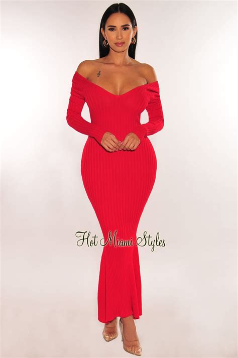 Red Ribbed Knit Long Sleeves Mermaid Dress Hot Miami Styles