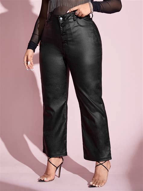 Shein Essnce Plus High Waist Leather Look Jeans Shein Usa