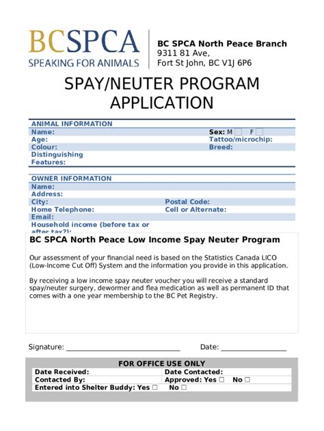 North Peace Spca Low Income Spay And Neuter Program Doc Template