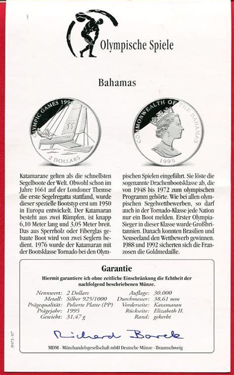 Bahamas 2 Dollars Silbermünze 1995 Olympische Spiele 1996 Atlanta