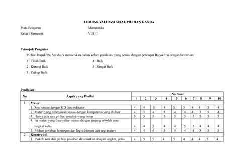 Lembar Validasi Soal Pilihan Ganda Format Excel Contoh Lembar ођ Nbkomputer
