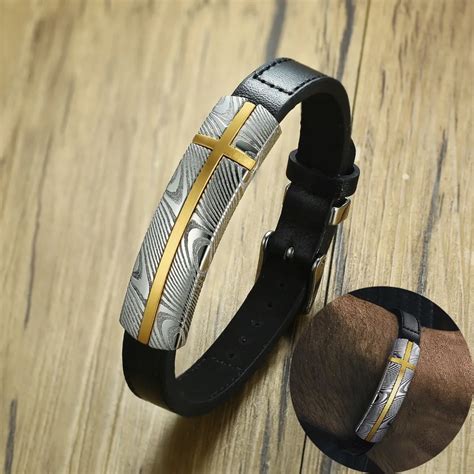 Gents Damascus Steel Tag With Black Genuine Leather Bracelet Adjustable