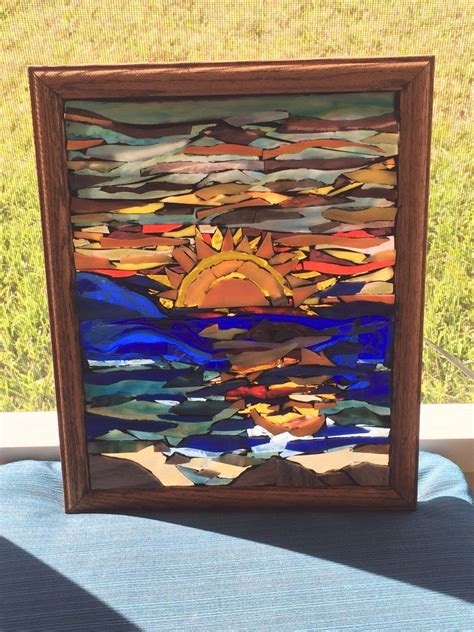 Stained Glass Window Panel Sunset Beach Ocean Glass On Etsy Hanging Stained Glass Mosaic