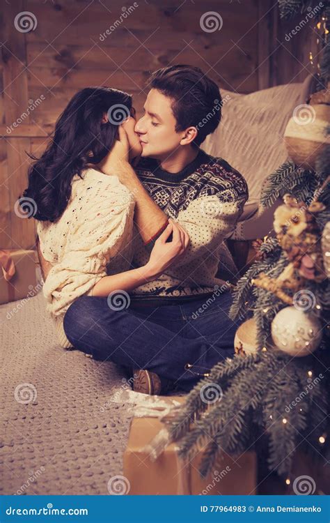 Beautiful Brunette Caucasian Romantic Loving Couple In Cozy Warm Stock