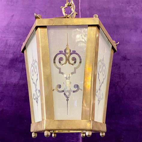 Aged Brass Lantern With Frosted Etched Glass Delos Antiques