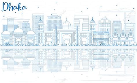 Outline Dhaka Skyline With Blue Buildings And Reflections Banner