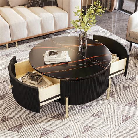 Kevinplus Black Round Coffee Table With Drawer Storage For Living Room Modern Wood