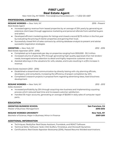 Real Estate Agent Resume Examples For Resume Worded