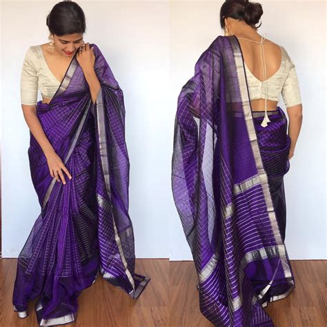 Purple Mangalagiri Silk Saree With Silver Zari Checks Mirra Clothing