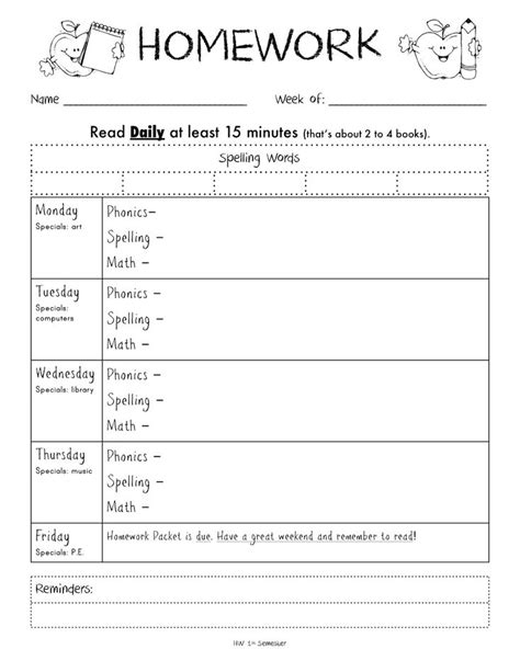 Elementary Homework Log Sheet Printable Pages