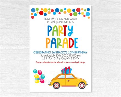 Car Birthday Parade Party Drive Thru Birthday Invitation Birthday