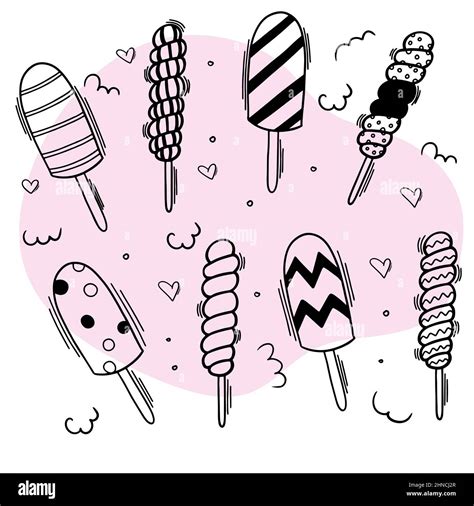 Popsicles Doodle Style Set Isolated Black Outlines Sweets Seamless