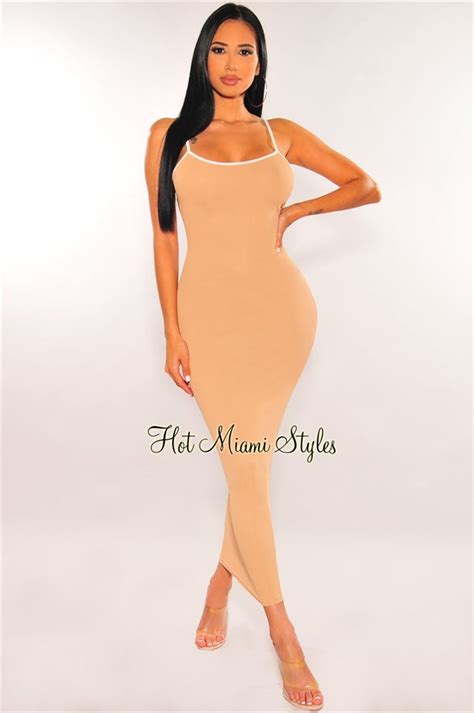 Mocha Ribbed Spaghetti Straps Midi Dress Hot Miami Styles