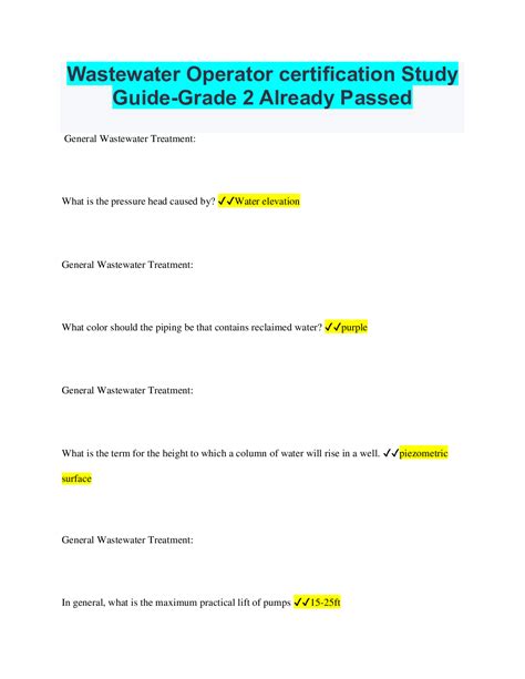 Wastewater Operator Certification Study Guide Grade Already Passed