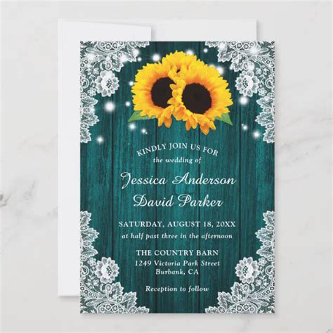 Rustic Teal Lace Sunflower Wedding Invitations Zazzle