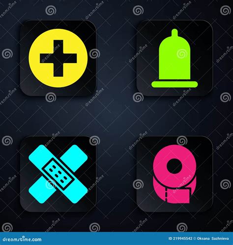 Set Toilet Paper Roll Cross Hospital Medical Crossed Bandage Plaster And Condom Black Square