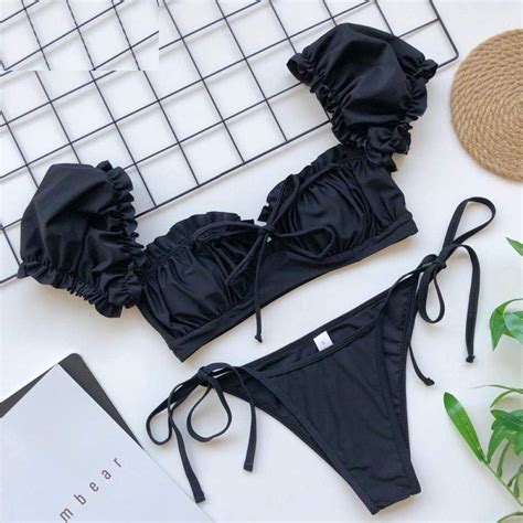 Two Piece Women Ruched Puff Bikini Summer Brazilian Bikinis Set Ties Front Side Swimwear Bathing