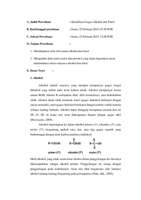 Pdf Laporan Praktikum Kimia Organik Identifikasi Alkohol Fenol Nabiilah R Aisy