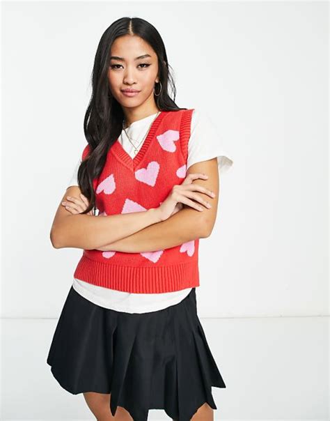 Monki Knitted Sweater Vest In Red With Pink Hearts Asos