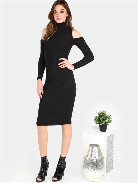 Cold Shoulder Sleeved Turtleneck Midi Dress Black Shein Sheinside