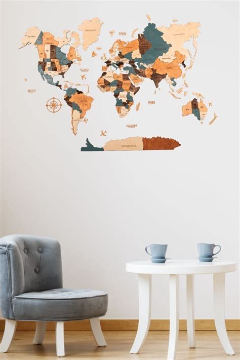 Blue Brown Wood World Map For Wall Decor By Woodpecstudio Map Wall