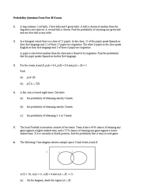 Probability Questions From Past Ib Exams Pdf Probability