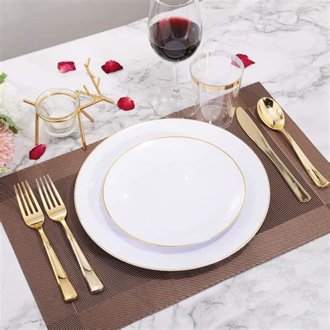 NERVURE 125 White With Gold Rim Plastic Plates Disposable Gold