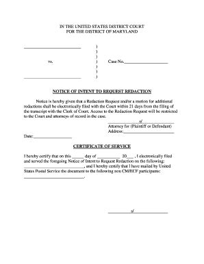 Fillable Online Mdd Uscourts Notice Of Intent To Request Redaction