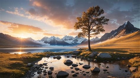 Premium AI Image Majestic Mountain Range At Sunrise With Small Lake