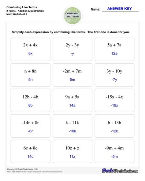 Combining Like Terms Worksheets Worksheets Library