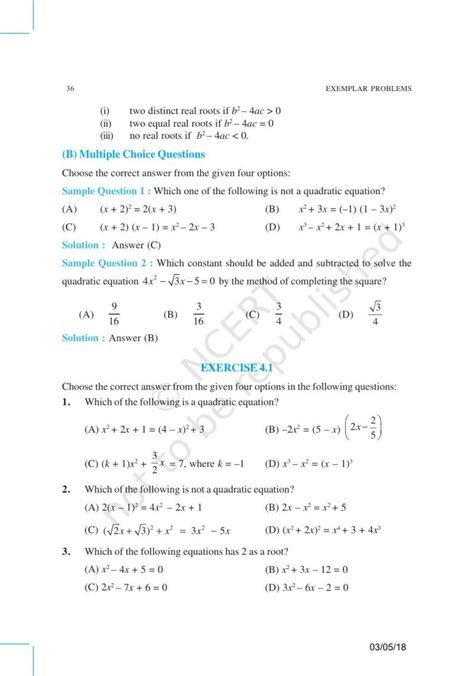 Ncert Exemplar Book For Class 10 Maths Chapter 4 Quadratic Equations