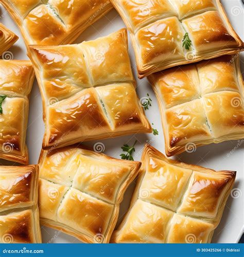 Plate Of Flaky Puff Pastries Filled With Soft And Creamy Cheeses Stock