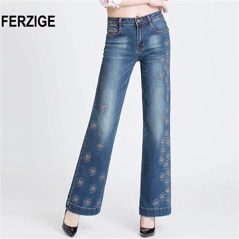 Ferzige Female High Waist Jeans Wide Leg Pants Loose Casual Embroidered