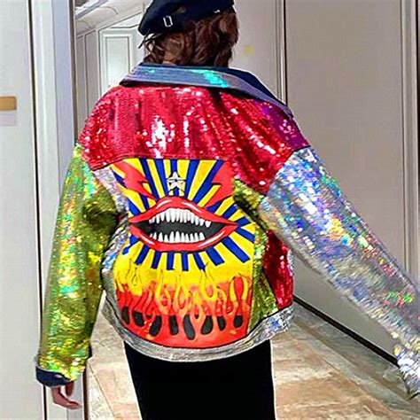 Streetwear Hip Hop Denim Jacket Women Coat Vogue Sparkle Luxury Sequins Graffiti Patchwork