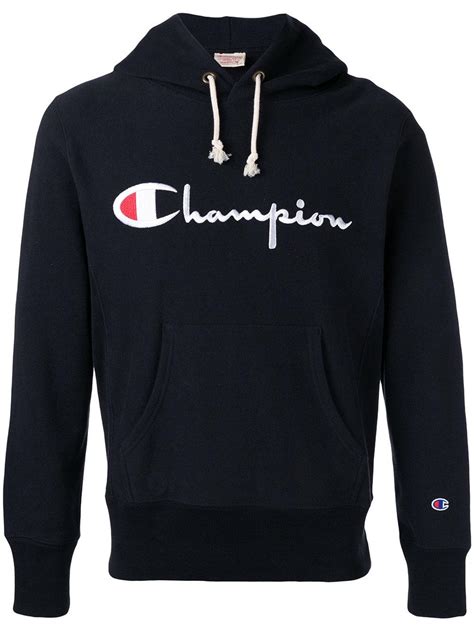 Champion Cotton Logo Print Hoodie In Blue For Men Lyst