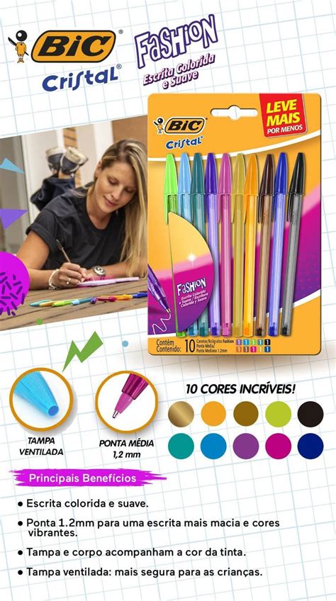 Caneta Esferogr Fica Bic Cristal Fashion Cores Vivas Ponta M Dia