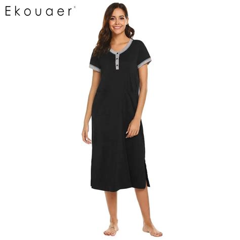 Ekouaer Women Sleepshirts Nightgown Chemise Night Dress Solid Button