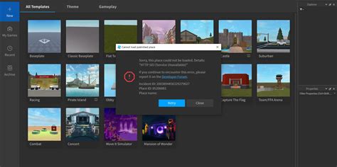 503 Error When Opening Roblox Studio With Roblox Template