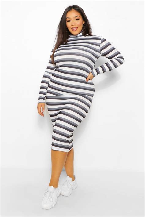 Womens Plus Rib Stripe High Neck Midi Dress Boohoo Uk