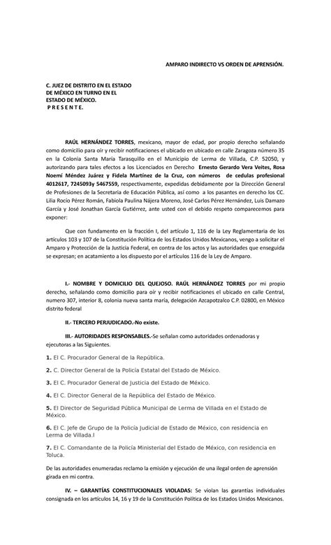 Amparo Indirecto Vs Orden De Aprension Amparo Indirecto Vs Orden De