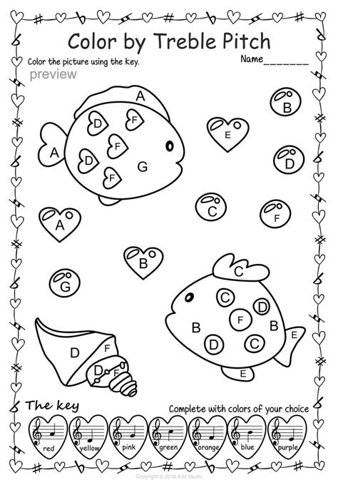 The Color By Treble Printable Worksheet For Valentine S Day With Hearts