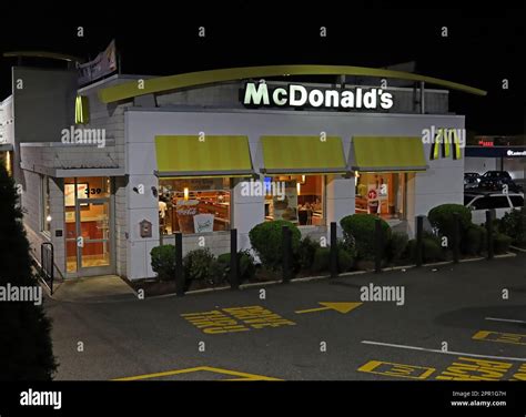 Mcdonald S Fast Food Restaurant Storefront Windows Entrance Night Usa