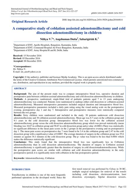 Pdf A Comparative Study Of Coblation Assissted Adenotonsillectomy And