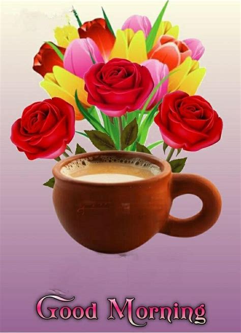 There Is A Cup Of Coffee With Roses In It And The Words Good Morning On Top