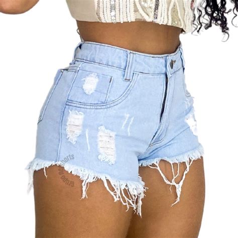 Short Bermuda Jeans Claro Feminino Cintura Alta Destroyed Shopee Brasil