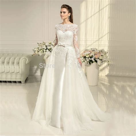 Long Sleeve Lace Mermaid Wedding Dresses Detachable Skirt Removable