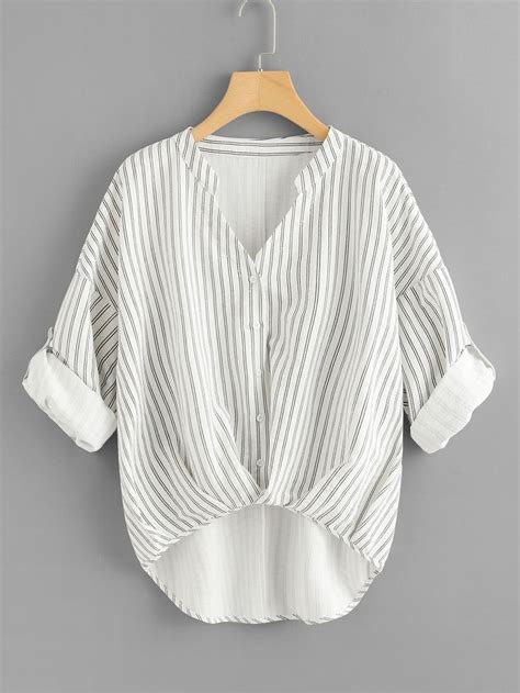 Shein Rolled Up Sleeve Striped Dip Hem Blouse Retrousser Les Manches